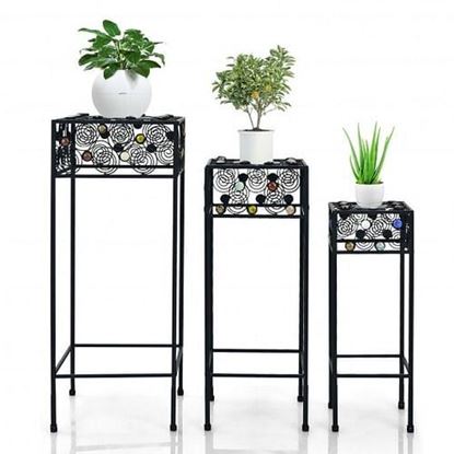 Picture of Set of 3 Metal Flower Pot Holder Rack with Colorful Ceramic Beads-Black - Color: Black