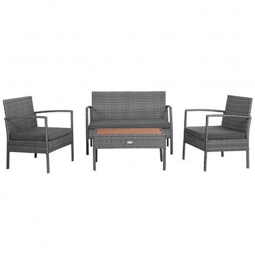 Picture of 4 Pieces Rattan Patio Conversation Furniture Set with Acacia Wood Tabletop