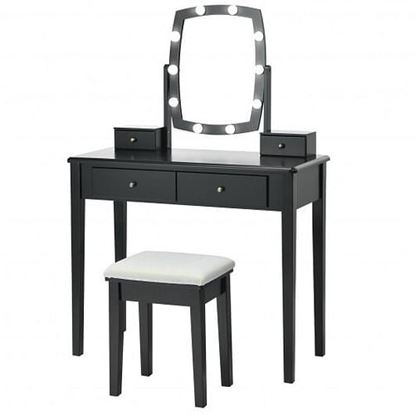 Picture of Vanity Table Set with Lighted Mirror for Bedroom and Dressing Room-Black - Color: Black