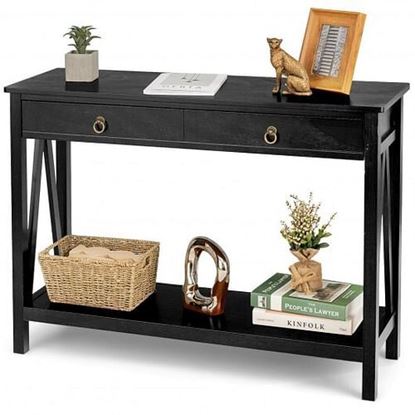 Picture of Console Table with 2 Drawer Storage Shelf for Entryway Hallway-Black - Color: Black