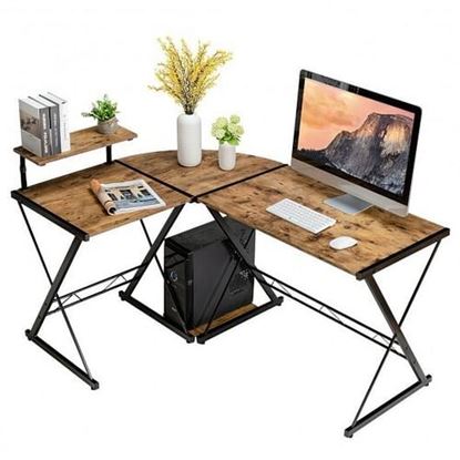 Picture of L-Shaped Desk Reversible Corner Computer Desk with Movable Shelf and CPU Stand-Rustic Brown - Color: Rustic Brown
