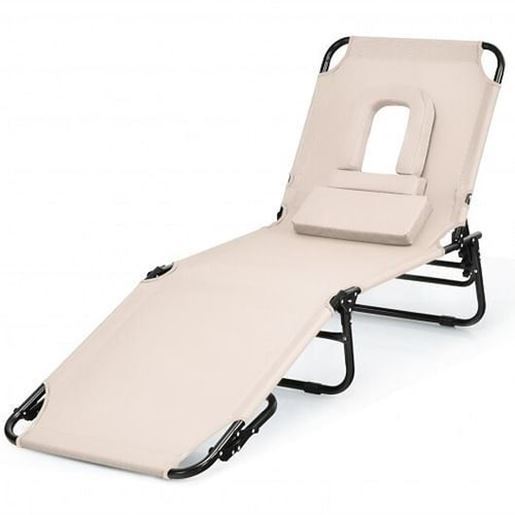 Picture of Outdoor Folding Chaise Beach Pool Patio Lounge Chair Bed with Adjustable Back and Hole-Beige - Color: Beige