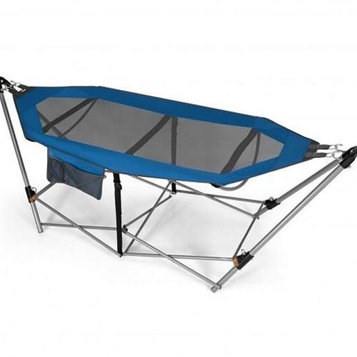 Picture of Folding Hammock Indoor Outdoor Hammock with Side Pocket and Iron Stand-Blue - Color: Blue