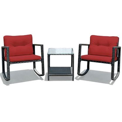 Picture of 3 Pcs Wicker Rocking Bistro Set with Glass Coffee Table and Storage Shelf-Red - Color: Red