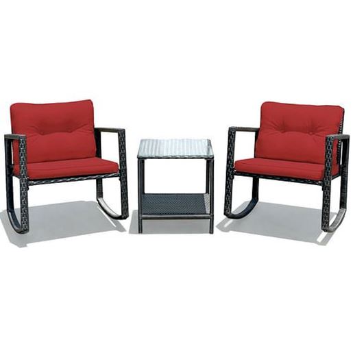Picture of 3 Pcs Wicker Rocking Bistro Set with Glass Coffee Table and Storage Shelf-Red - Color: Red