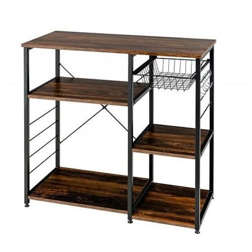 Picture of Industrial Kitchen Baker's Rack Microwave Shelf with 6 Hooks-Charcoal Brown - Color: Charcoal Brown