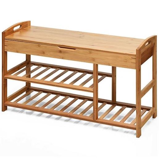 Изображение 3-Tier Bamboo Shoe Bench Entryway Storage Rack-Beige - Color: Beige - Size: 31" x 11.5" x 19.5"
