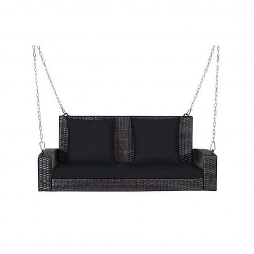 Picture of 2-Person Patio Rattan Porch Swing with Cushions-Black - Color: Black