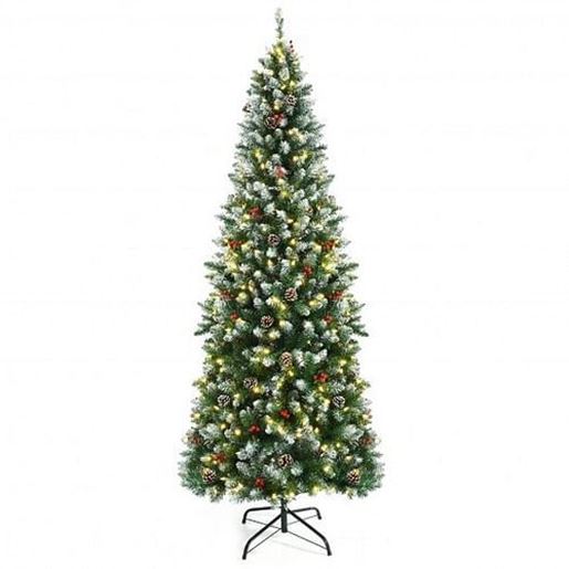 Picture of Pre-lit Artificial Pencil Christmas Tree with Pine Cones and Red Berries-7 ft - Color: Green - Size: 7 ft