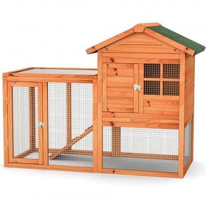 Picture of 2-Story Wooden Rabbit Hutch with Running Area-Natural - Color: Natural