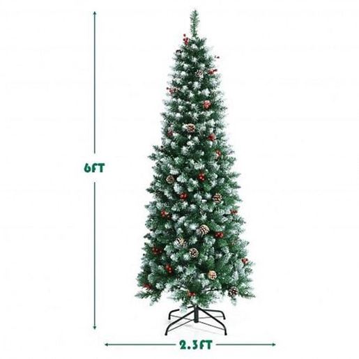 Picture of Pre-lit Artificial Pencil Christmas Tree with Pine Cones and Red Berries-6 ft - Color: Green - Size: 6 ft