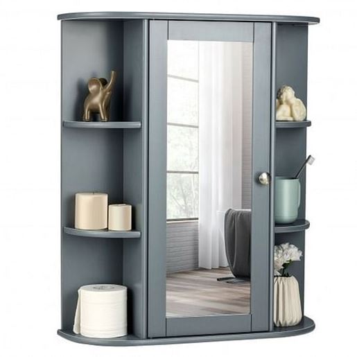 Picture of Bathroom Single Door Shelves Wall Mount Cabinet with Mirror-Gray - Color: Gray