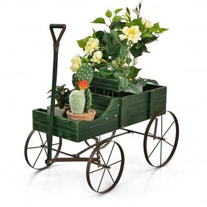 Picture of Wooden Wagon Plant Bed With Wheel for Garden Yard-Green - Color: Green