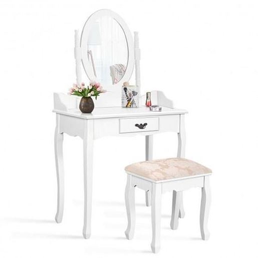 Picture of Wooden Vanity Makeup Set with Cushioned Stool and Oval Rotating Mirror - Color: White