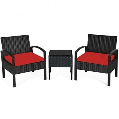 Picture of 3 Pieces Outdoor Rattan Patio Conversation Set with Seat Cushions-Red - Color: Red