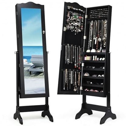 Изображение Mirrored Lockable Jewelry Cabinet Armoire Organizer Storage Box-Black - Color: Black