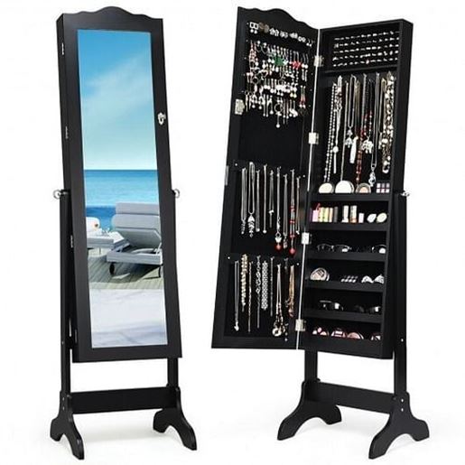 Изображение Mirrored Lockable Jewelry Cabinet Armoire Organizer Storage Box-Black - Color: Black