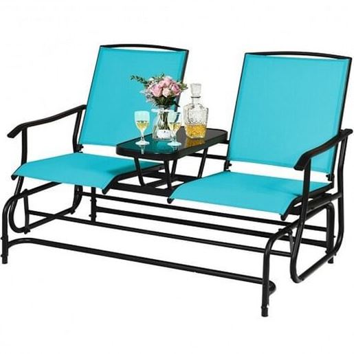 Picture of 2-Person Double Rocking Loveseat with Mesh Fabric and Center Tempered Glass Table-Turquoise - Color: Turquoise