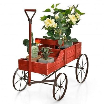 Picture of Wooden Wagon Plant Bed With Wheel for Garden Yard-Red - Color: Red