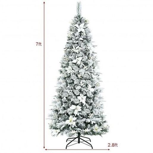 Picture of Pre-lit Snow Flocked Christmas Tree with Berries and Poinsettia Flowers-7' - Color: White - Size: 7 ft