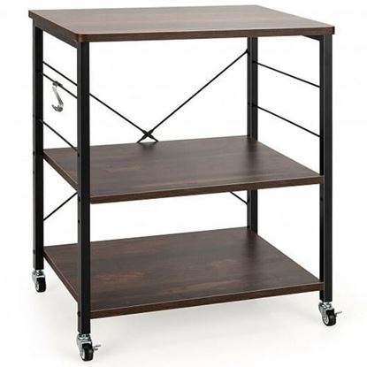 Picture of 3-Tier Kitchen Baker's Rack Microwave Oven Storage Cart with Hooks-Charcoal Brown - Color: Charcoal Brown
