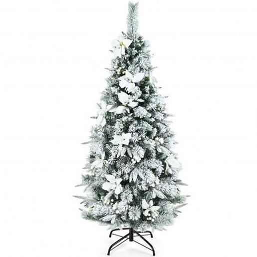 Picture of Snow Flocked Christmas Pencil Tree with Berries and Poinsettia Flowers-5 ft - Color: White - Size: 5 ft