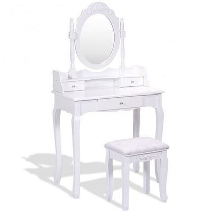 Picture of Vanity Table Set with Cushioned Stool with 360?Â° Rotating Oval Mirror and Three Drawers-White - Color: White