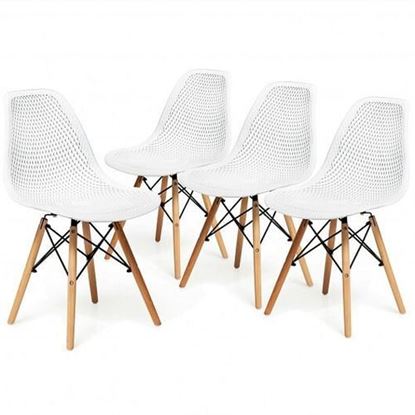 Picture of 4 Pcs Modern Plastic Hollow Chair Set with Wood Leg-White - Color: White