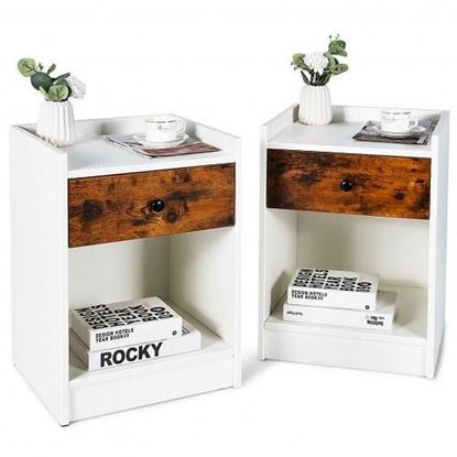 Picture of Set of 2 Nightstand with Drawer Cabinet End Side Table Raised Top-White - Color: White