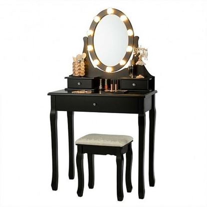 Picture of 3 Drawers Lighted Mirror Vanity Dressing Table Stool Set-Black - Color: Black