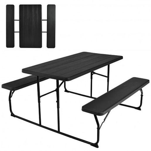 Picture of Indoor and Outdoor Folding Picnic Table Bench Set with Wood-like Texture-Black - Color: Black