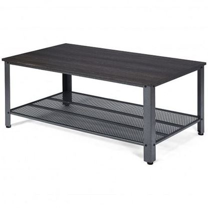 Picture of Metal Frame Wood Coffee Table Console Table with Storage Shelf-Black - Color: Black