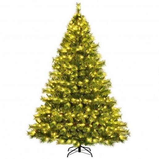 Picture of Pre-lit Hinged Christmas Tree wth Glitter Tips and Pine Cones-8 ft - Color: Green - Size: 8 ft