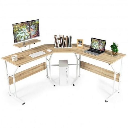 Picture of 88.5 Inch L Shaped Reversible Computer Desk Table with Monitor Stand-Oak - Color: Oak