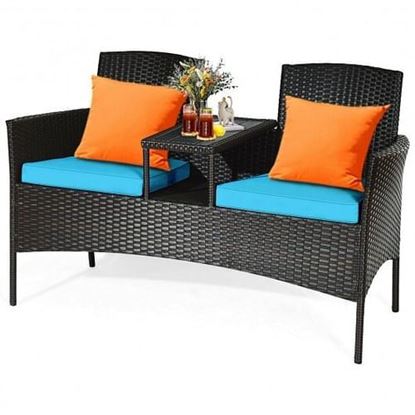 Picture of Modern Patio Conversation Set with Built-in Coffee Table and Cushions -Turquoise - Color: Turquoise