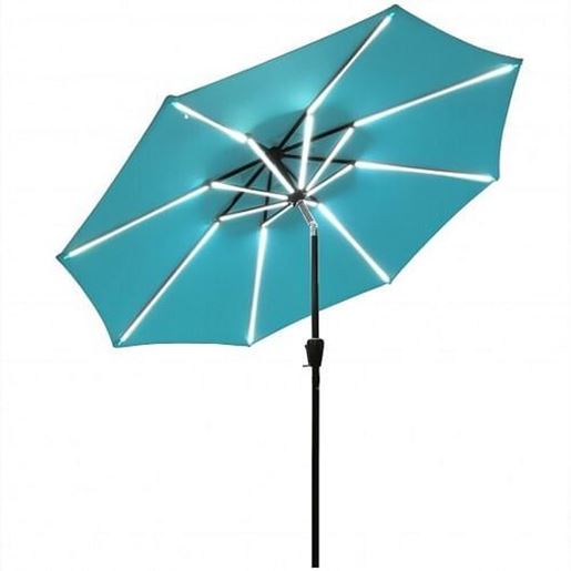 Picture of 9Ft Solar LED Market Umbrella with Aluminum Crank Tilt 16 Strip Lights-Turquoise - Color: Turquoise