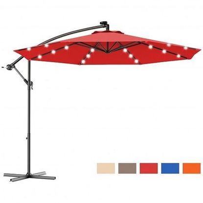 Picture of 10 Feet Patio Hanging Solar LED Umbrella Sun Shade with Cross Base-Burgundy - Color: Burgundy