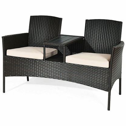 Picture of Modern Patio Conversation Set with Built-in Coffee Table and Cushions-Beige - Color: Beige