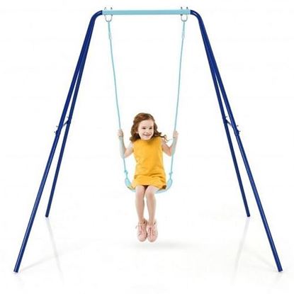 Picture of Outdoor Kids Swing Set with Heavy Duty Metal A-Frame and Ground Stakes-Blue - Color: Blue