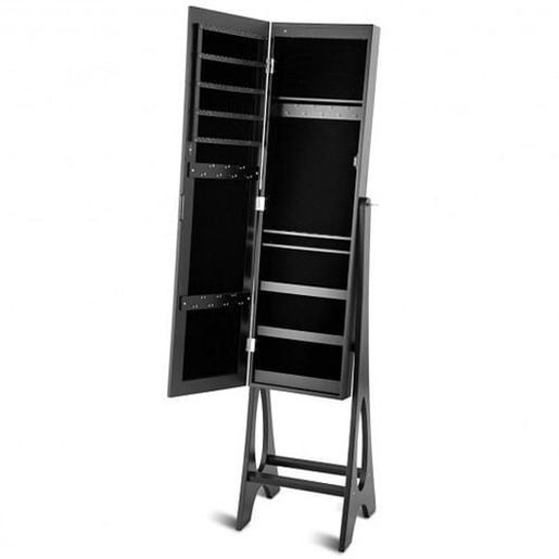 Picture of LED Jewelry Cabinet Armoire Organizer with Bevel Edge Mirror-Black - Color: Black