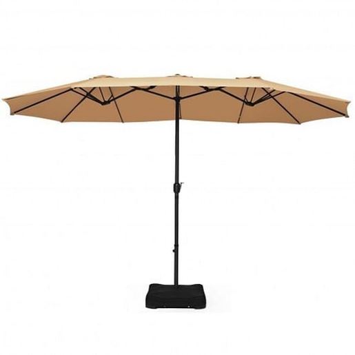 Picture of 15 Foot Extra Large Patio Double Sided Umbrella with Crank and Base-Beige - Color: Beige - Size: 28.5" x 28.5" x 29"