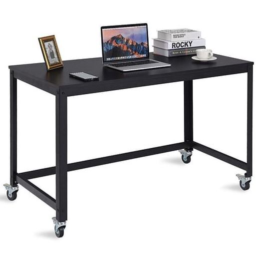 Picture of Wood Top Metal Frame Rolling Computer Desk Laptop Table-Black - Color: Black