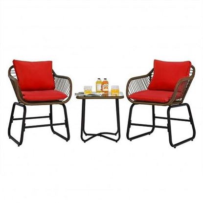 Picture of 3 Pieces Patio Rattan Bistro Set Cushioned Chair Glass Table Deck-Red - Color: Red