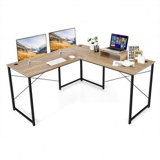 Picture of 95 Inch 2-Person L-Shaped Long Reversible Computer Desk with Monitor Stand-Natural - Color: Natural