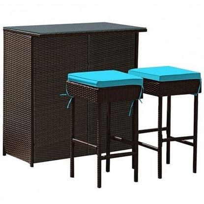 Picture of 3PCS Patio Rattan Wicker Bar Table Stools Dining Set-Turquoise - Color: Turquoise