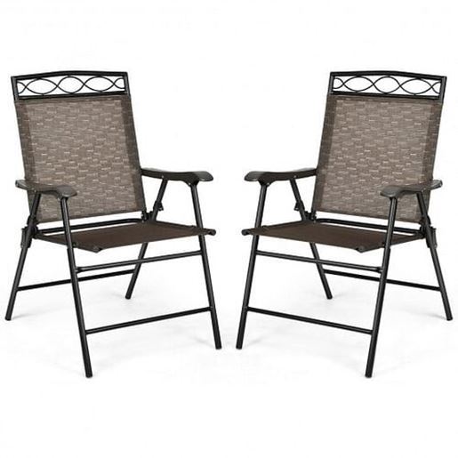 Picture of Set of 2 Patio Folding Chairs Sling Portable Dining Chair Set with Armrest