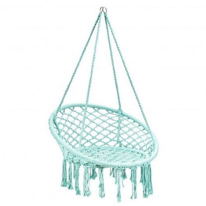 Picture of Hanging Macrame Hammock Chair with Handwoven Cotton Backrest-Turquoise - Color: Turquoise