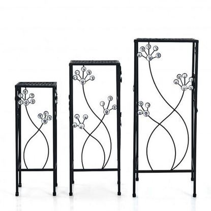 图片 3 Pieces Metal Plant Stand Set with Crystal Floral Accents Square-Black - Color: Black