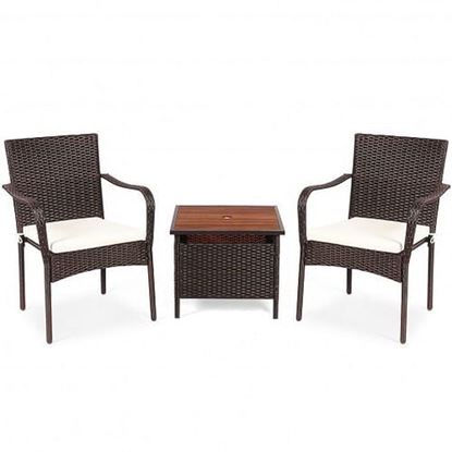 Picture of 3 PCS Patio Rattan Furniture Bistro Set with Wood Side Table and Stackable Chair