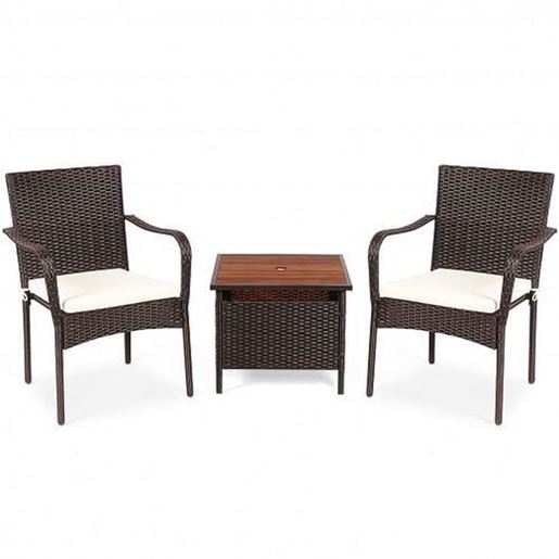 图片 3 PCS Patio Rattan Furniture Bistro Set with Wood Side Table and Stackable Chair